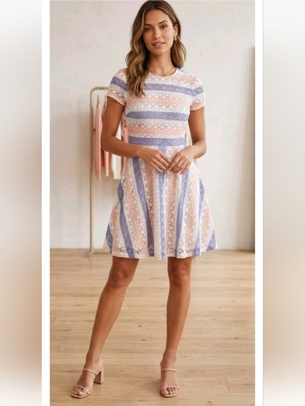 BCBG Maxazria Renley Dress Chevron A Line Lace Fit Flare Skater Peach Blue S